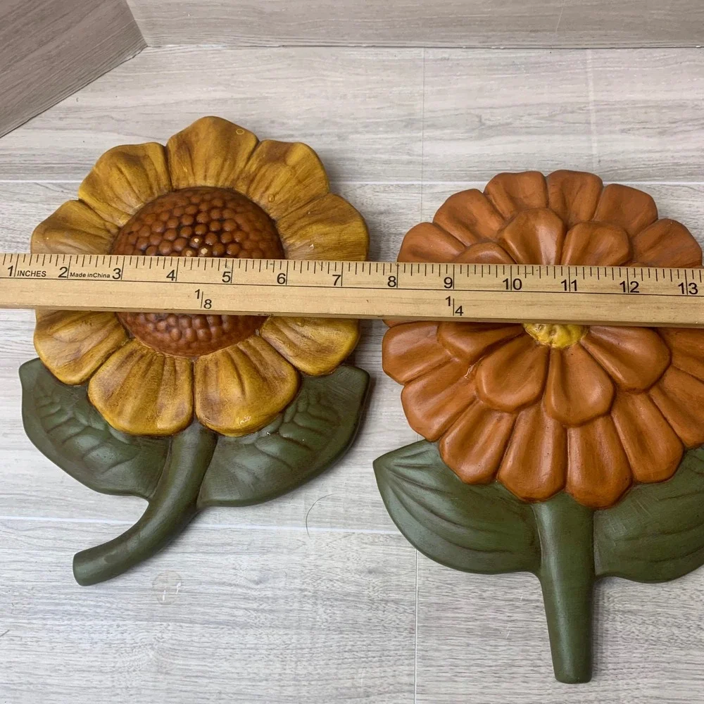 Vintage 70s Style Floral Wall Decor Set 3 Sunflower Zinnia Poppy Retro Flowers